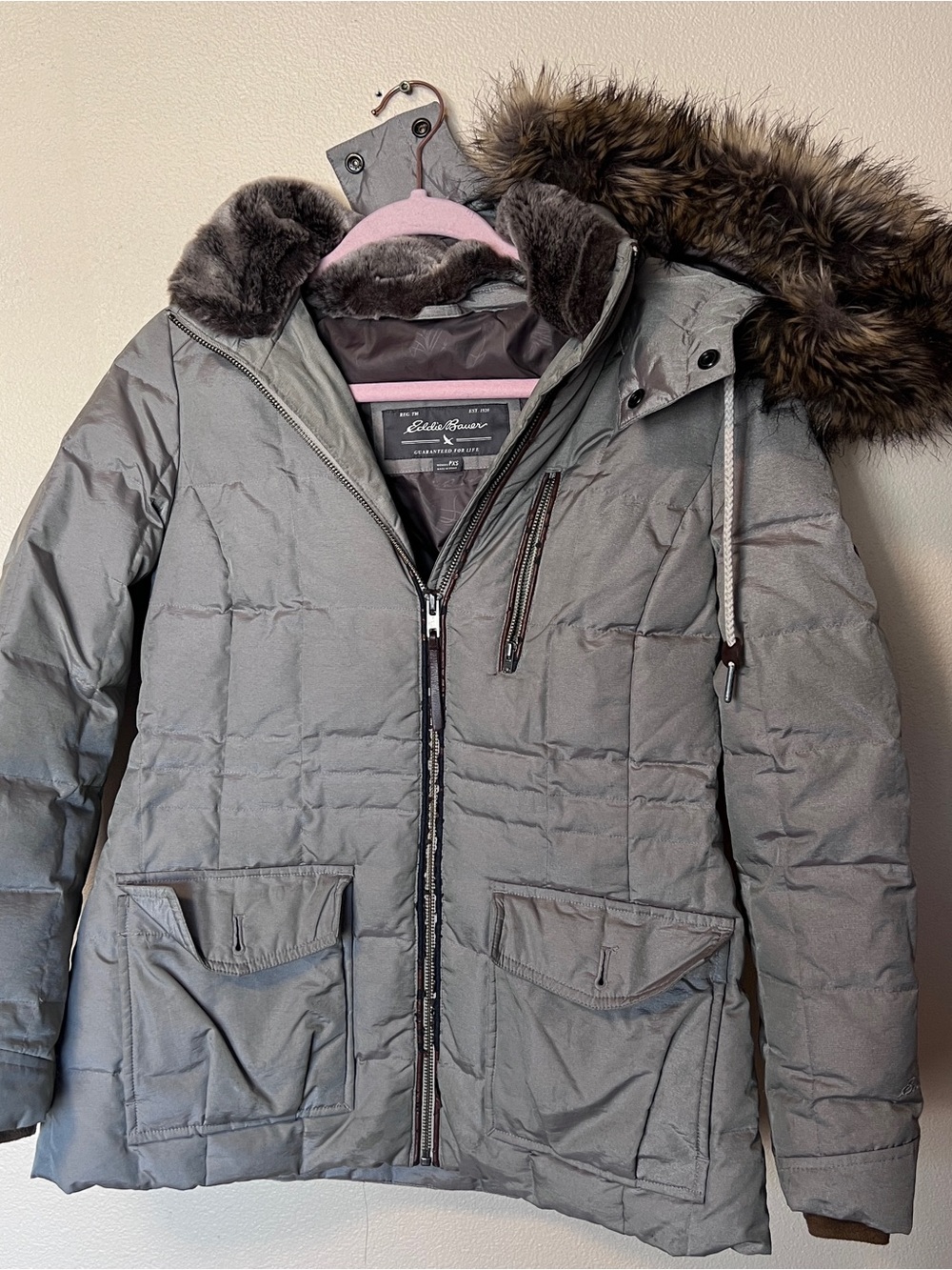 Eddie Bauer Jacket Womans Small Puffer Down Faux Fur Parka Coat Quilted Gray